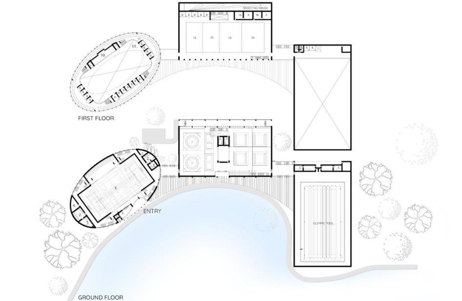 Ground Floor Plan (Bottom) and First Floor Plan (Top). Pahal Sports Facility, by SpaceMatters: Competition entry for “PAHAL-Takshila’s Initiative for Sports”