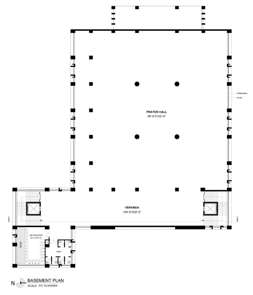 Basement Plan. Rabbania Mosque, by M. Rahman & Associates Architects