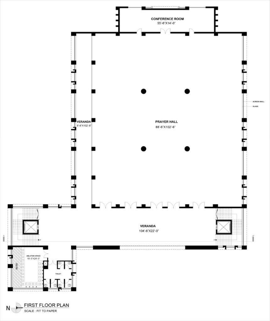 First Floor Plan. Rabbania Mosque, by M. Rahman & Associates Architects