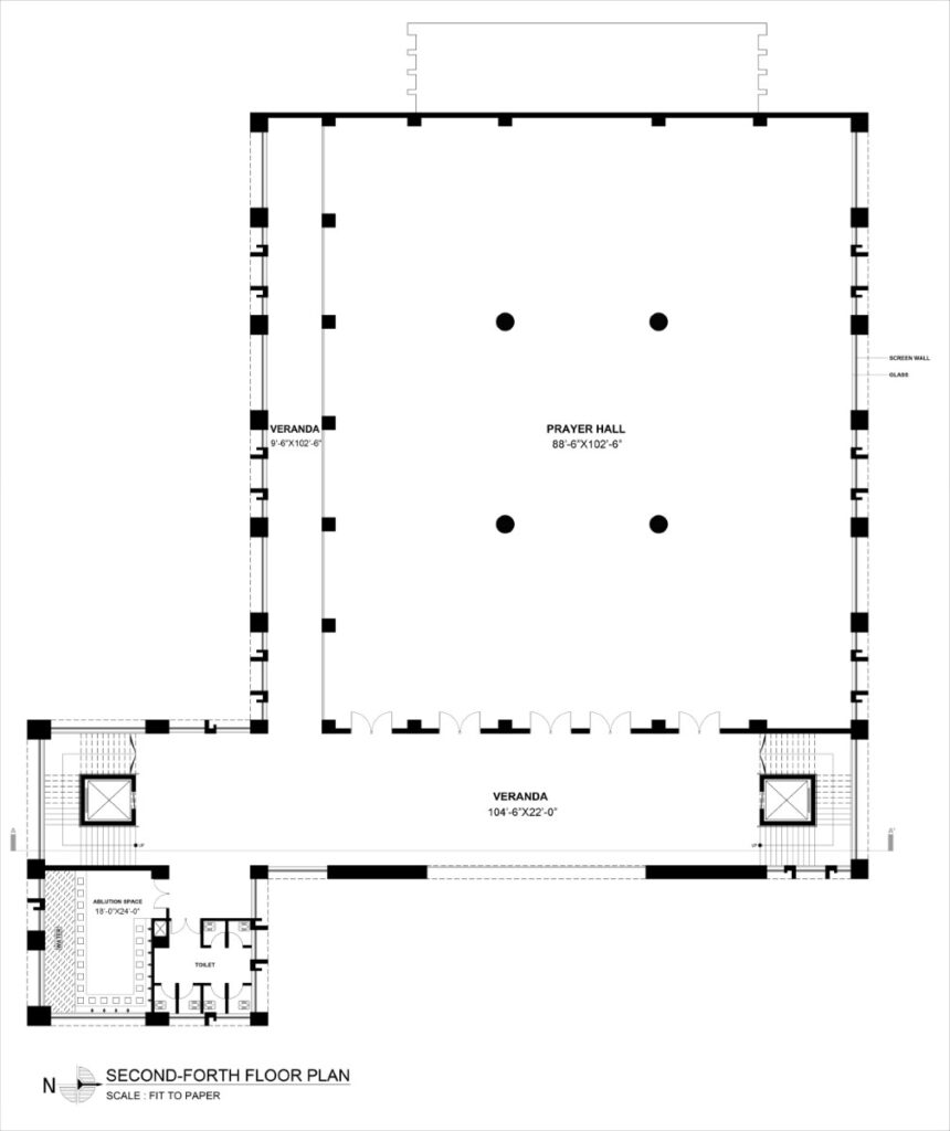Second-Fourth floor plan. Rabbania Mosque, by M. Rahman & Associates Architects