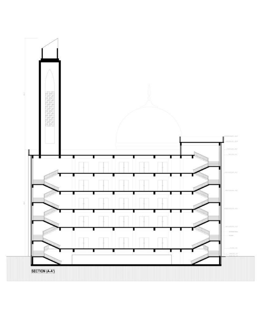 Section A-A'. Rabbania Mosque, by M. Rahman & Associates Architects